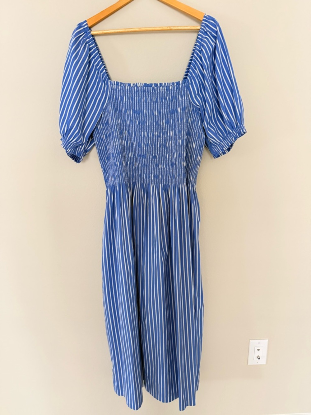Madewell Blue and White Striped Smocked puff sleeve Midi Dress